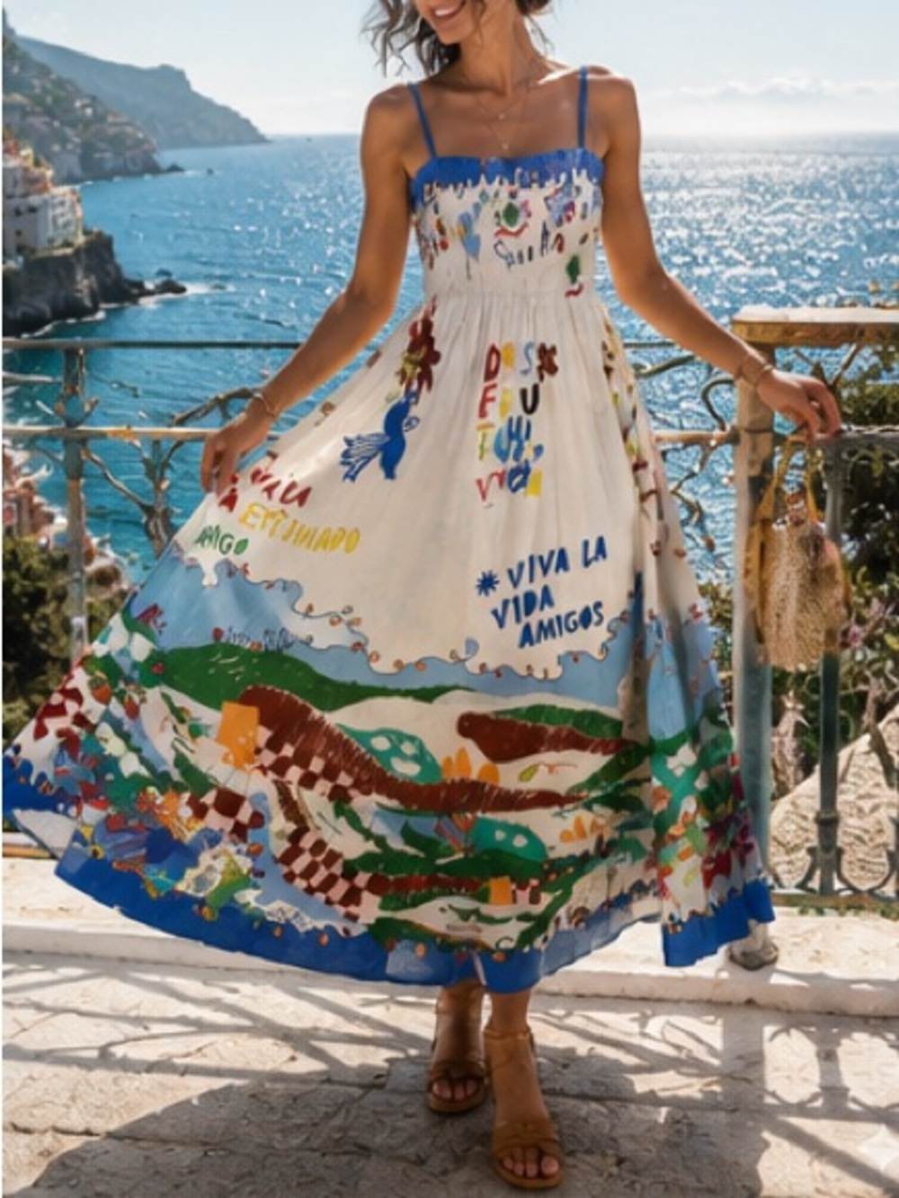 Bohemian Scenic Print Maxi Dress - White & Blue - Picture 5 of 7